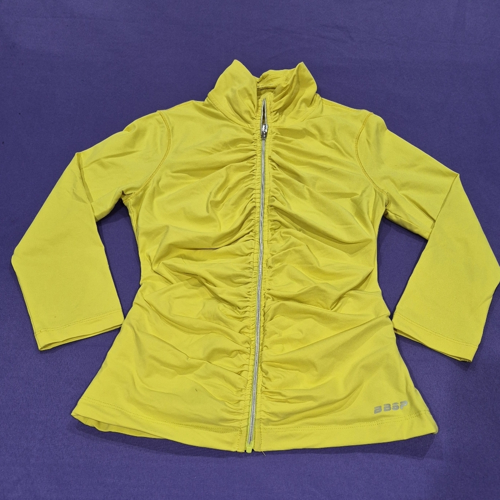 RARE!!Bebe Sport Logo Yellow Full Zip High Neck Ruched Jacket - Small.